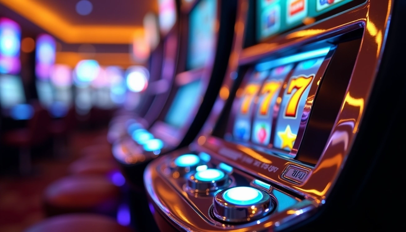 Close-up of a slot machine showing a winning triple seven in a colorful casino environment.
