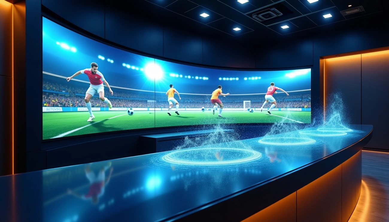Futuristic sportsbook room with curved screen showing a soccer match and holographic betting interfaces on a sleek table.