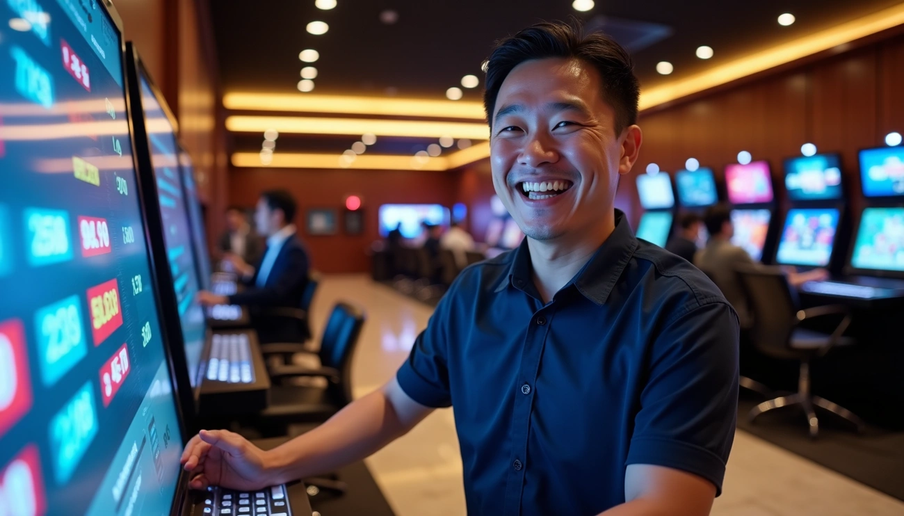 Man in a navy shirt sitting in a gaming room with multiple screens displaying colorful data and graphics.