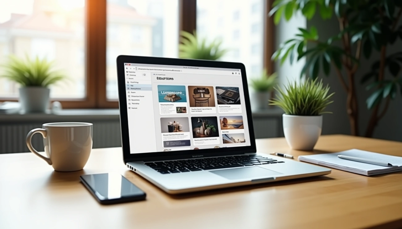 Laptop on a wooden desk displaying WordPress themes, with a coffee cup, smartphone, notebook, and plants in a bright room.